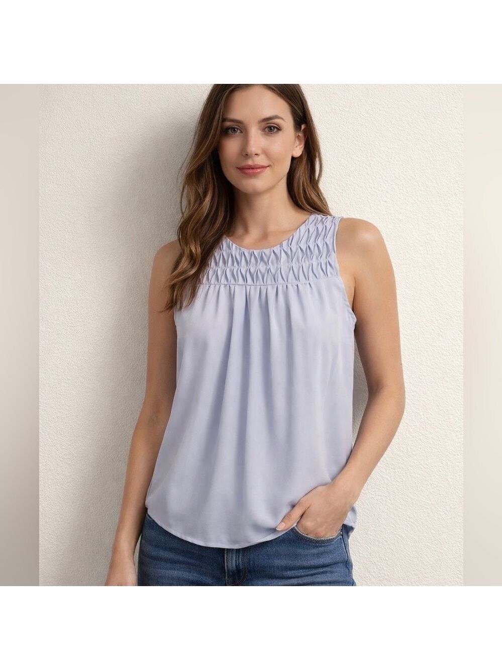 Light Blue Sleeveless Smocked Yoke Blouse – Flowy Feminine top